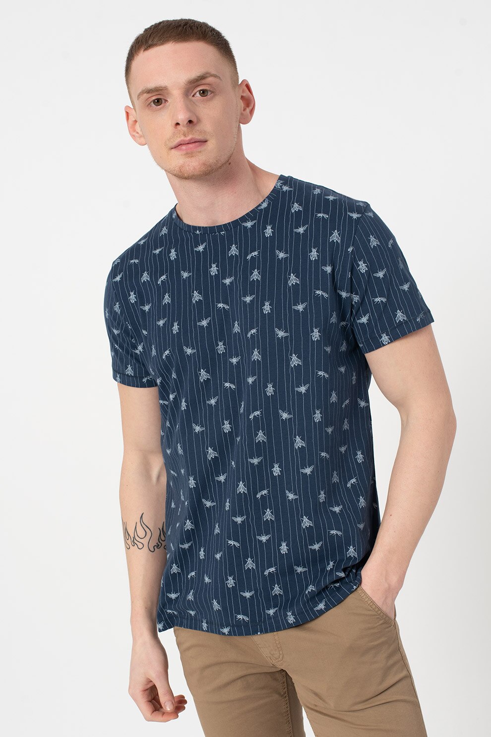 BLEND, Tricou de bumbac organic cu imprimeu grafic si in dungi, Bleumarin/Alb