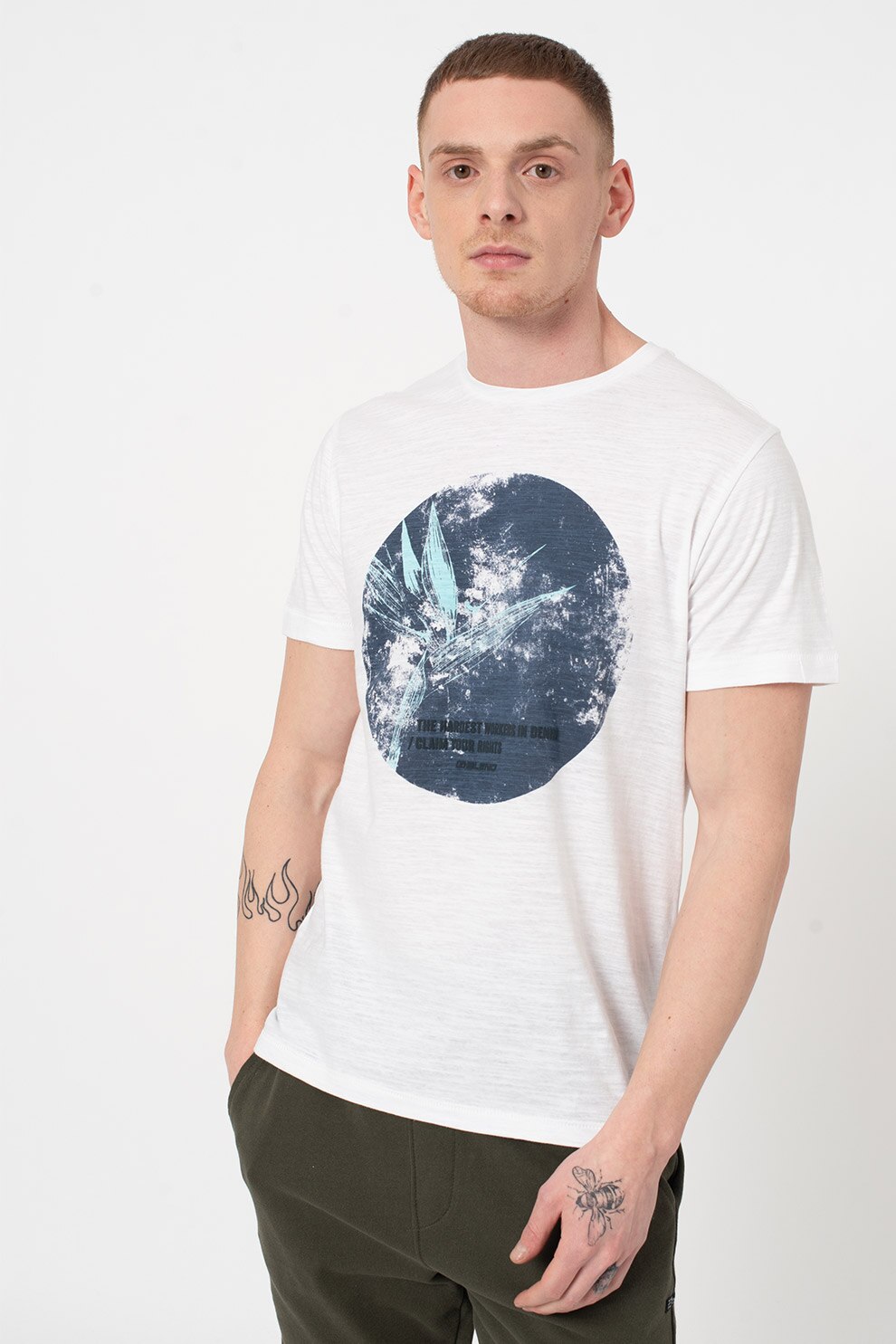 BLEND, Tricou de bumbac organic cu imprimeu grafic, Alb/Albastru inchis/Bleu