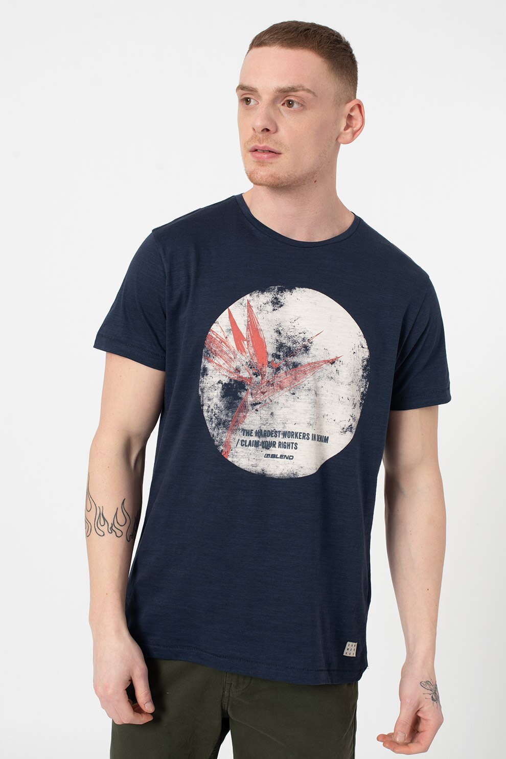 BLEND, Tricou de bumbac organic cu imprimeu grafic, Bleumarin/Alb prafuit