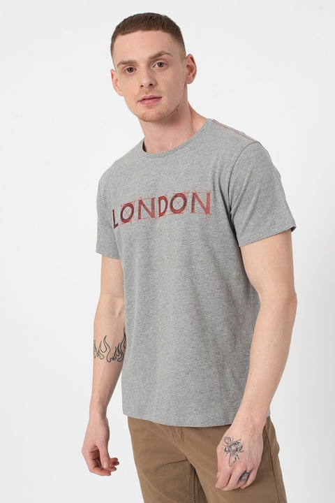 BLEND, Tricou cu decolteu la baza gatului si imprimeu text, Gri melange/Rosu, M