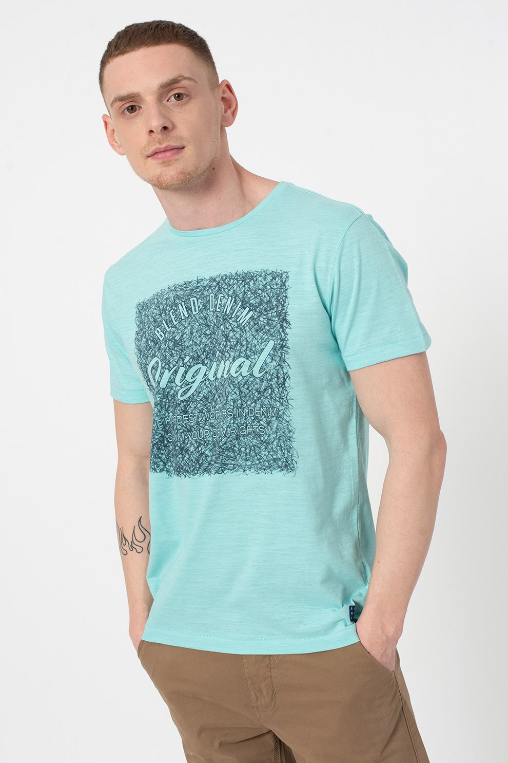 BLEND, Tricou cu decolteu la baza gatului si imprimeu logo, Albastru aquamarin/Gri inchis