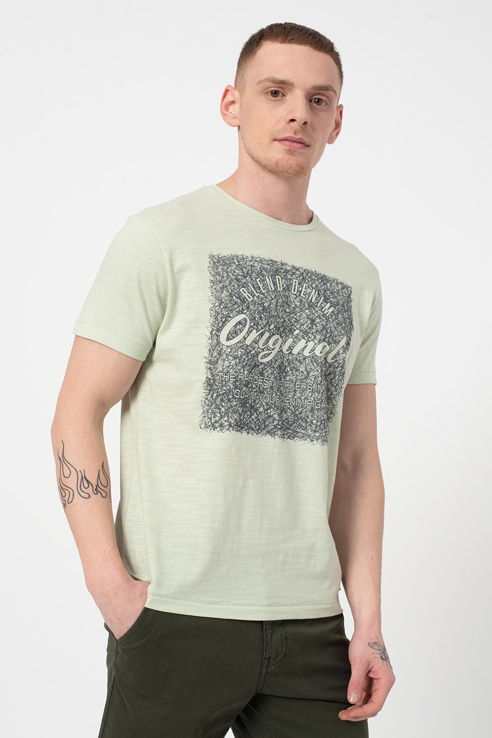 BLEND, Tricou cu decolteu la baza gatului si imprimeu logo, Roz pal/Gri inchis