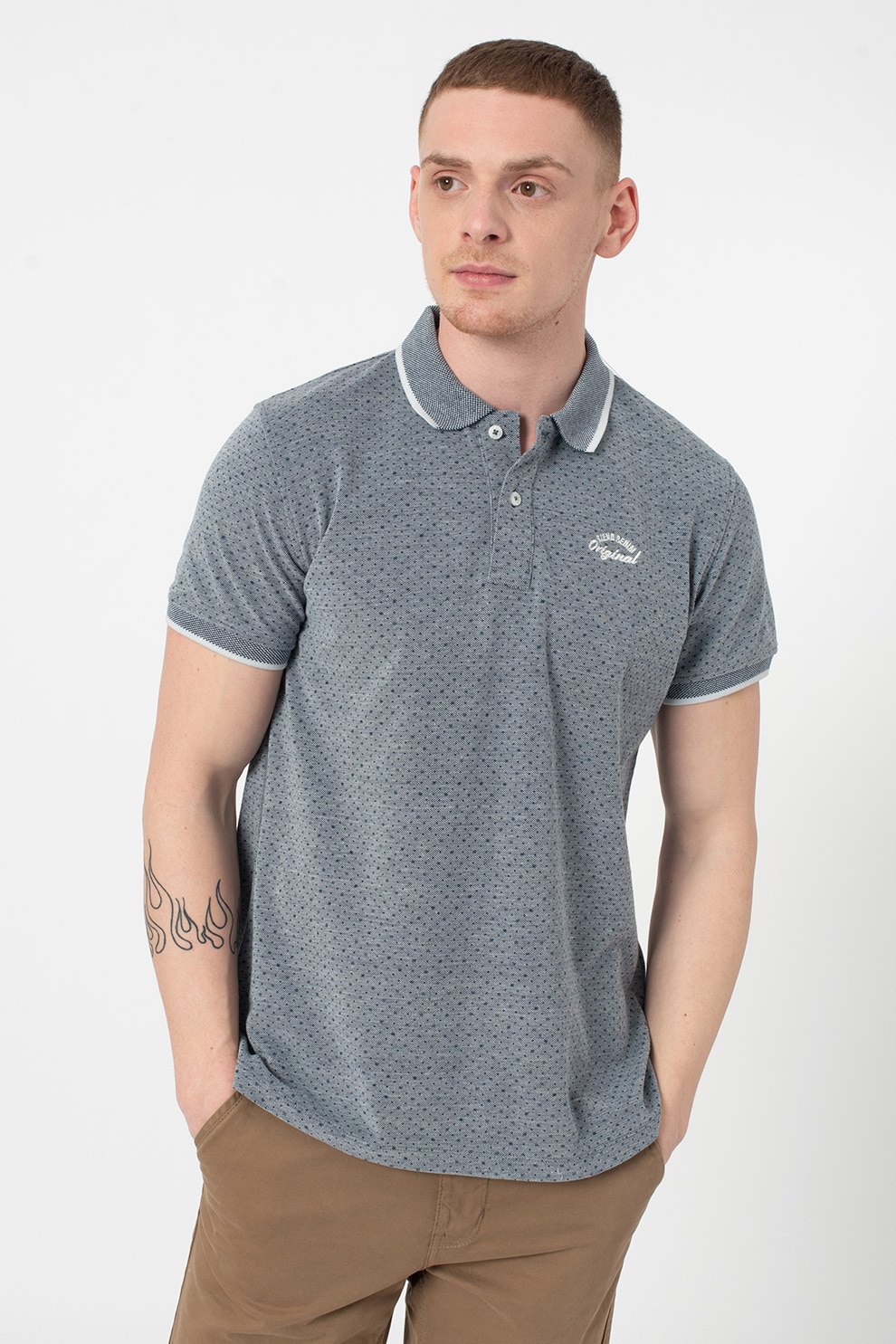 BLEND, Tricou polo cu imprimeu, Bleumarin/Alb, S