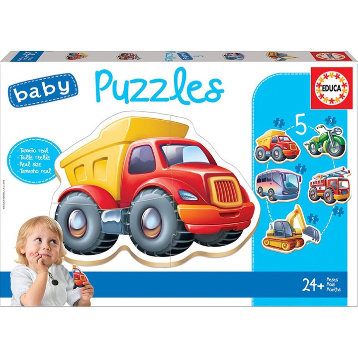 Пъзел 5 в 1 Educa - Baby Vehicles, 3/3/4/4/5 части