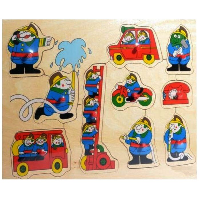 Puzzle lemn - Pompieri si masina de pompieri, 10 piese