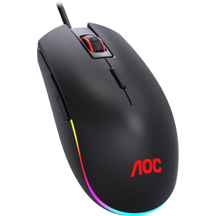 Мишка Gaming AOC GM500, RGB подсветка, Дизайн за използване с лява и дясна ръка, Черен
