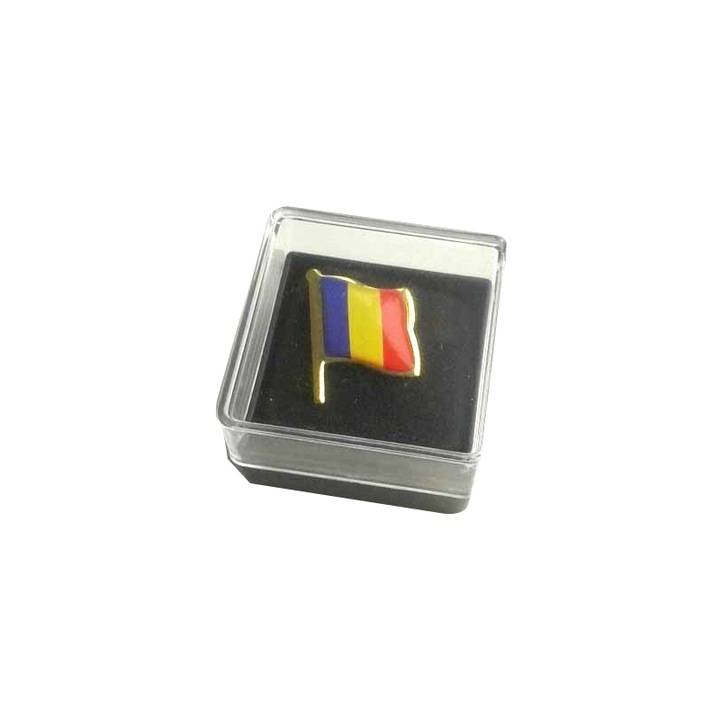 Insigna steag Romania, cu pin, in cutie plastic