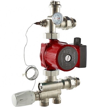 Grup de amestec Daver cu pompa Ferro 25/6-130 cu 3 viteze si cap termostatic cu capilar pentru incalzire in pardoseala de maximum 200 mp Grup de amestec Daver cu pompa Ferro 25/6-130 cu 3 viteze si cap termostatic cu capilar pentru incalzire in pardoseala de maximum 200 mp