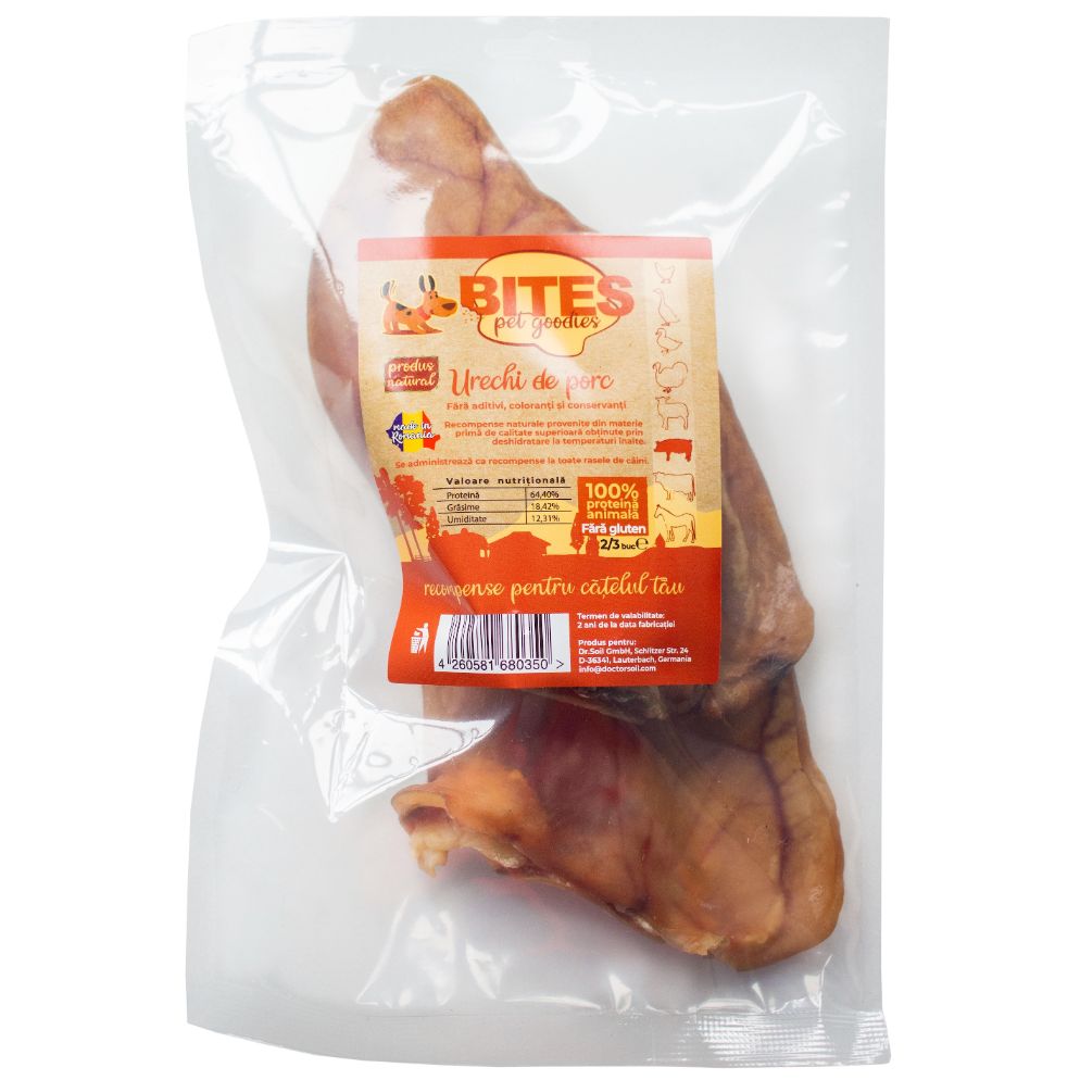 Recompense naturale pentru catei BITES - Pet Goodies - Urechi de porc,  materie deshidratata fara aditivi la punga de 100gr