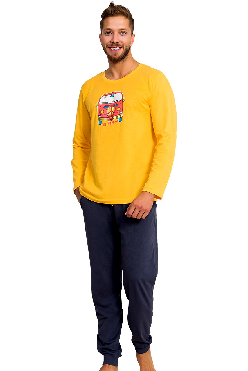 Pijama Barbati, Gazzaz by Vienetta, Model 'Peace abd Be Happy', Culoare Galben, Marime S