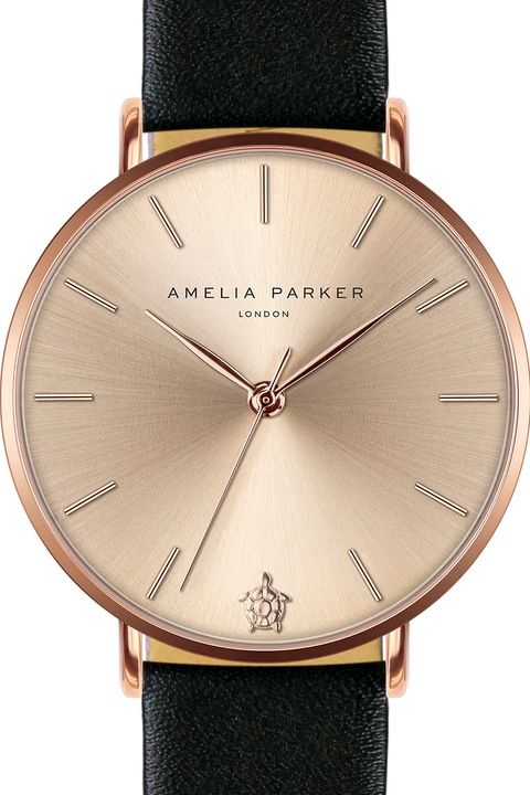 Amelia Parker, Ceas rotund cu o curea din piele, Negru/Auriu rose