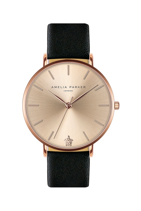 Amelia Parker, Ceas rotund cu o curea din piele, Negru/Auriu rose