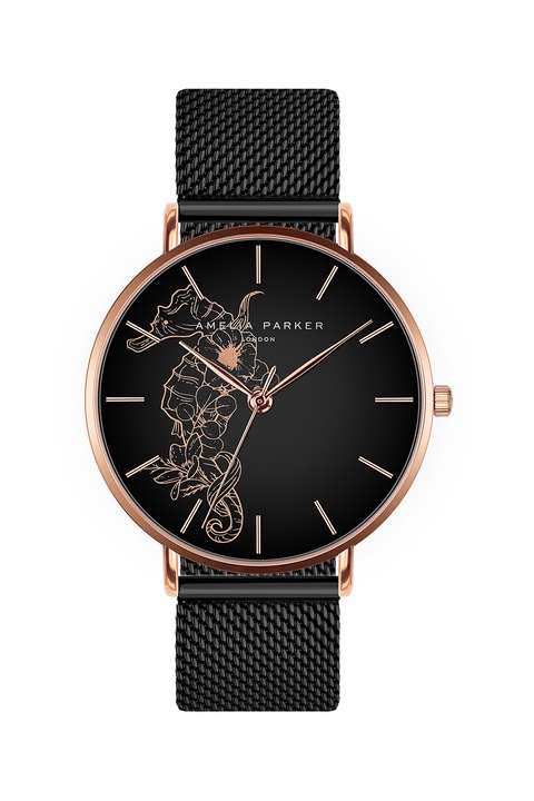 Amelia Parker, Ceas quartz cu calut de mare pe cadran, Negru/Auriu rose