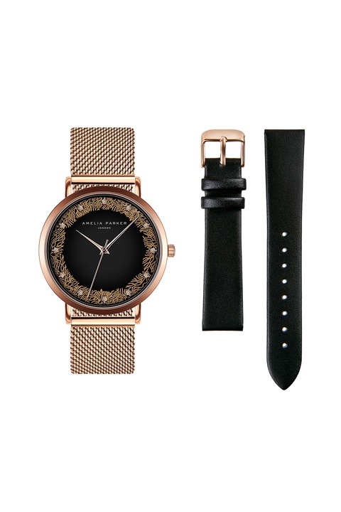 Amelia Parker, Часовник със сменяеми каишки, Розово-златист / Черен