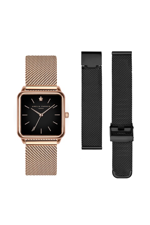 Amelia Parker, Часовник със сменяема мрежеста верижка от инокс, Розово-златист / Черен