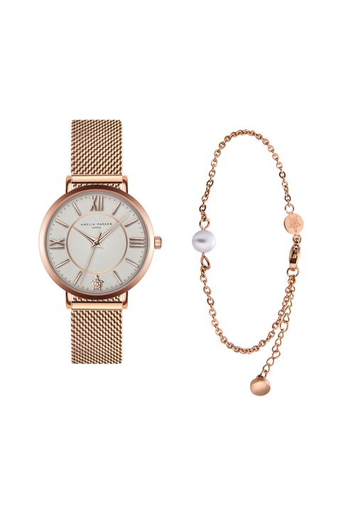 Amelia Parker, Rozsdamentes acél karóra és karkötő szett, Vörösaranyszín/Fehér