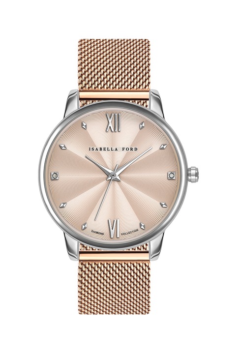 Isabella Ford, Ceas cu o bratara cu model plasa si doua diamante, Auriu rose/Argintiu