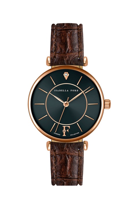 Isabella Ford, Ceas cu o curea de piele si diamant, Auriu rose/Maro inchis/Negru