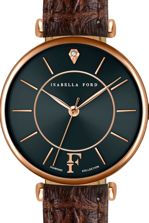 Isabella Ford, Ceas cu o curea de piele si diamant, Auriu rose/Maro inchis/Negru