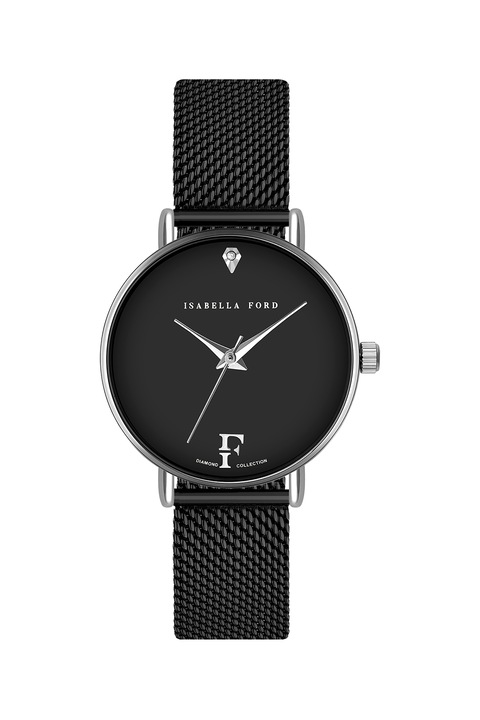 Isabella Ford, Иноксов часовник с един диамант, Черен / сребрист