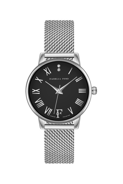 Isabella Ford, Иноксов часовник с един диамант, Сребрист / Черен