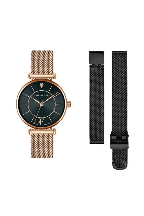 Isabella Ford, Ceas cu bratari intersanjabile si 1 diamant, Auriu rose/Negru