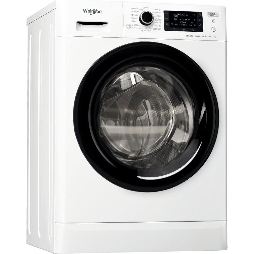 Masina de spalat rufe Slim Whirlpool FWSD71283BVEEN, 7 kg, 1200 RPM, Clasa D, Motor Inverter, 6th Sense, FreshCare+, Steam Refresh, Steam Hygiene, Alb