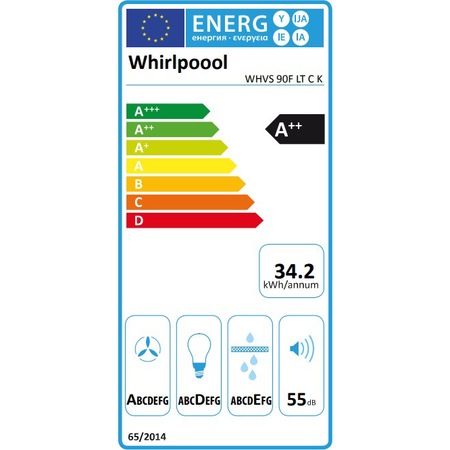 Hota verticala Whirlpool WHVS90FLTCK, Absorbtie 650 m3/h, Clasa A++, 6thSense, AirSense, Filtru anti-miros, CookSense, Sticla neagra