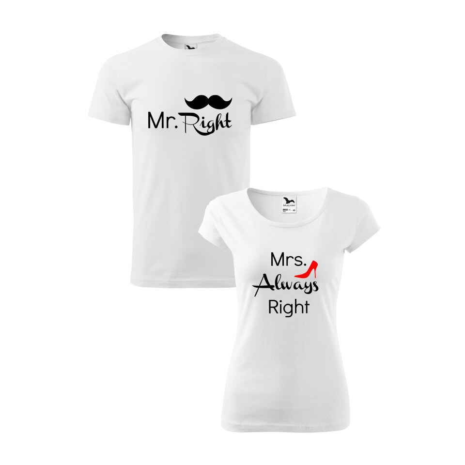 Set 2 Tricouri El & Ea Mr & Mrs Right, Malfini, Alb,XS