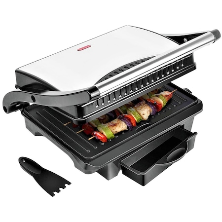 Gratar multifunctional 4 in 1 Hett,1000W,Placi cu invelis antiaderent aluminiu,Tava detasabila,Deschidere 90°,Sandwich-maker,Toaster,Gratar,Panini,argintiu/negru