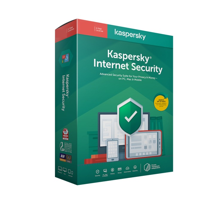 Kaspersky Internet Security License, 1 eszköz, Win / Mac / Android / iOS (1 éves előfizetés, elektronikus letöltés)