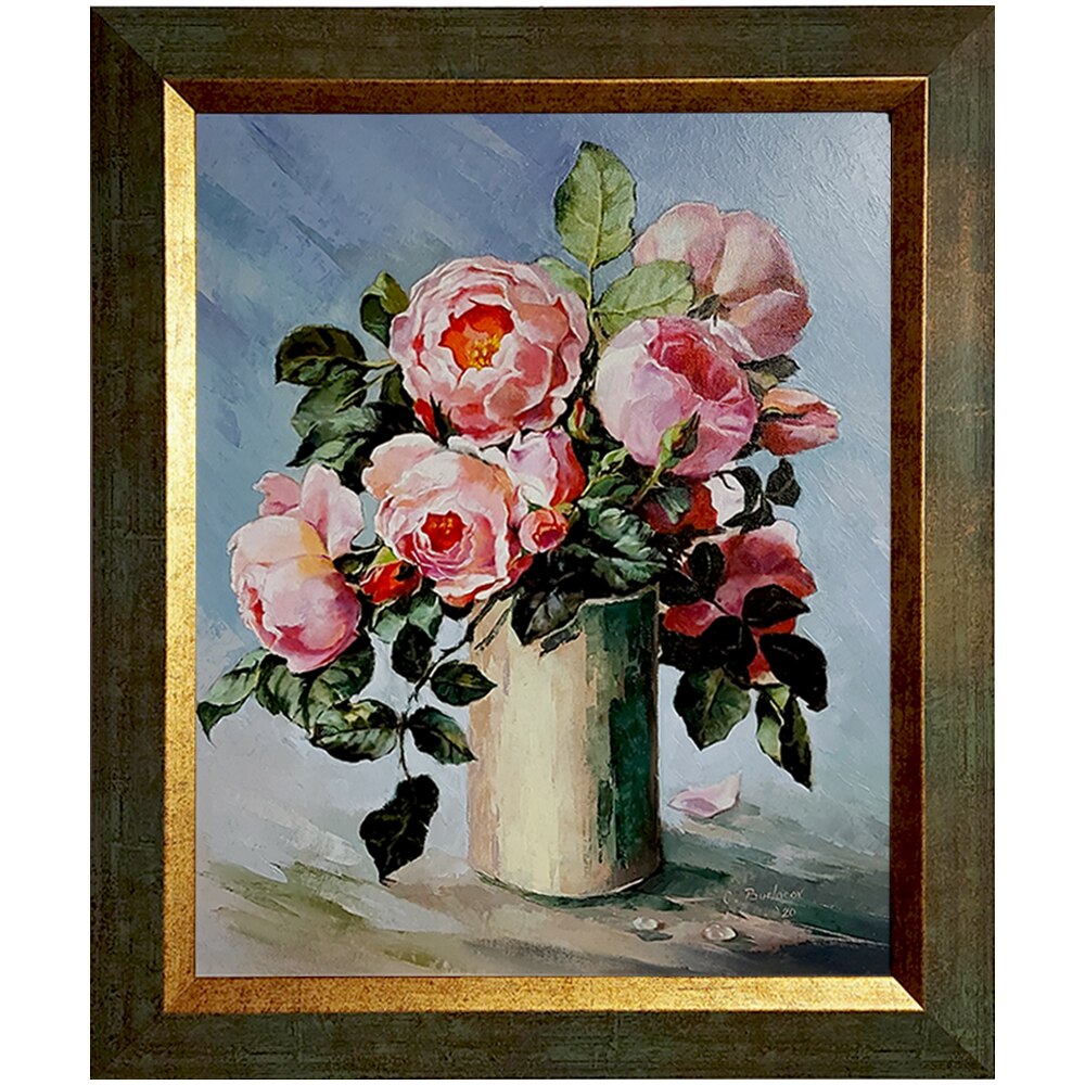 Tablou ArtDeco Trandafiri Roz, pictura in ulei pe panza caserata pe MDF, dimensiuni exterioare cu rama 46 cm inaltime, 39 cm latime si 2 cm grosime