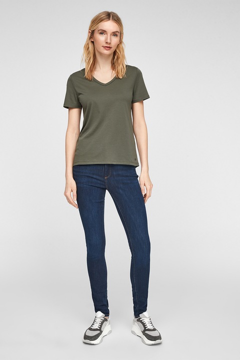s.Oliver, Tricou din bumbac cu decolteu in V, Verde militar, 42