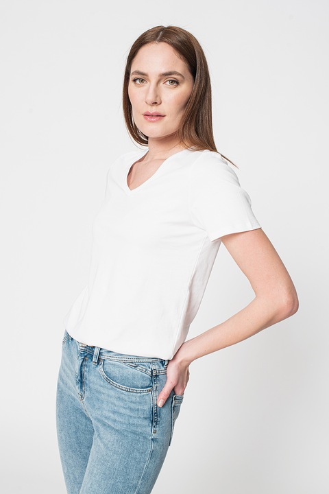 s.Oliver, Tricou din bumbac cu decolteu in V, Alb, 38