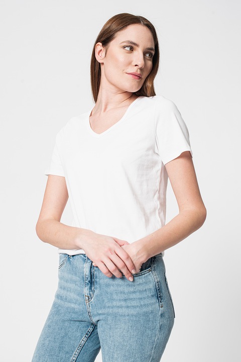 s.Oliver, Tricou din bumbac cu decolteu in V, Alb, 38