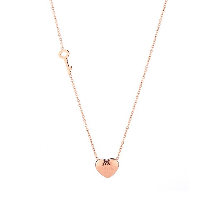 Lantisor de dama cu pandantiv inima si cheita "Love forever", otel inoxidabil, placat cu aur, rose gold