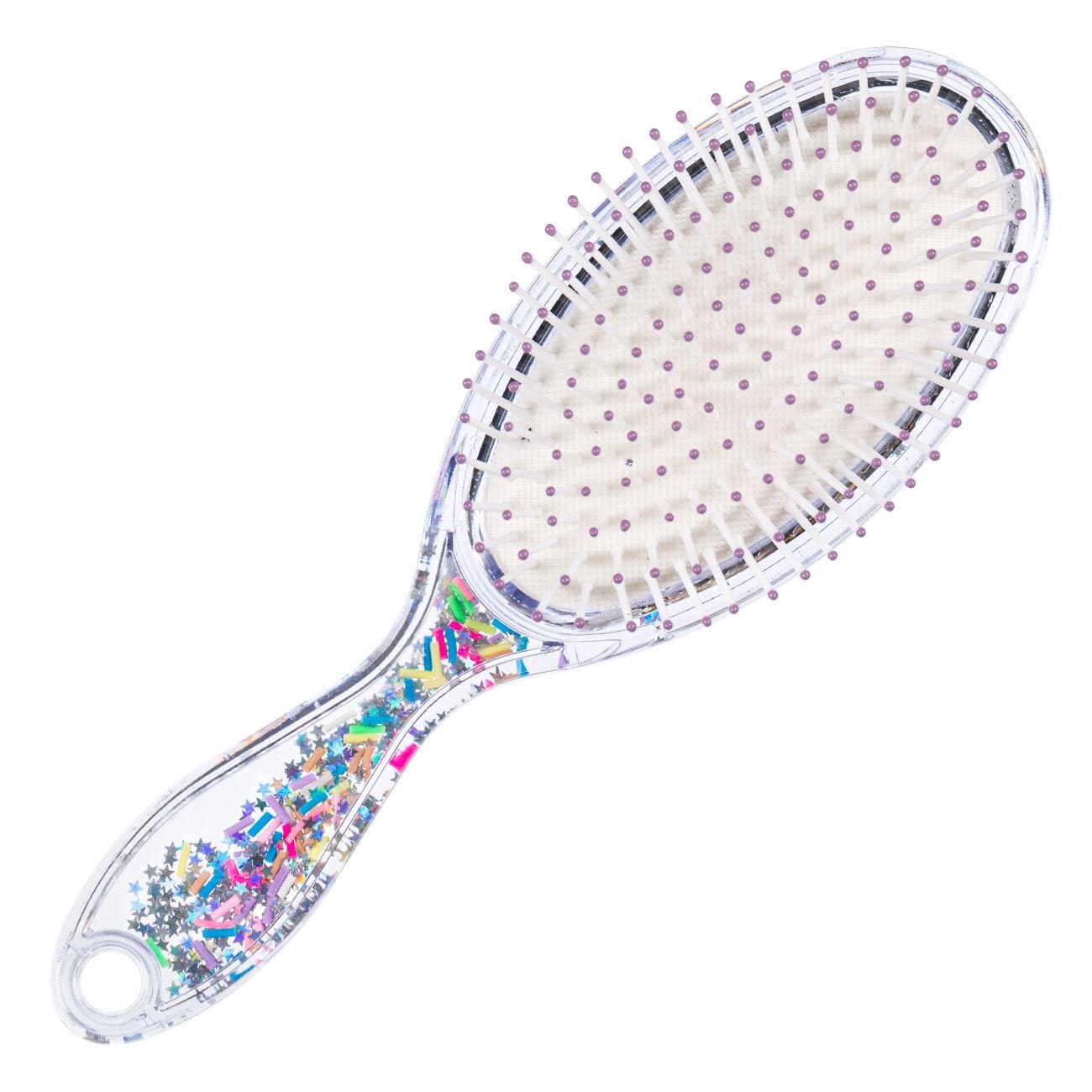 Perie de par, Zola, ovala, cu dinti moi, transparenta cu confetti multicolor, 22 cm