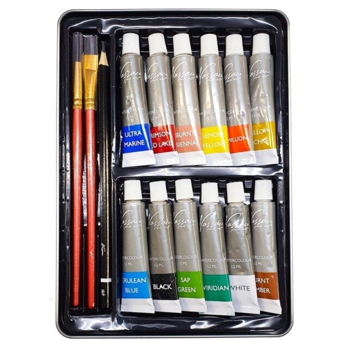 Set culori acuarela Nassau Fine Art 16 piese in cutie de metal