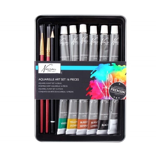Set culori acuarela Nassau Fine Art 16 piese in cutie de metal