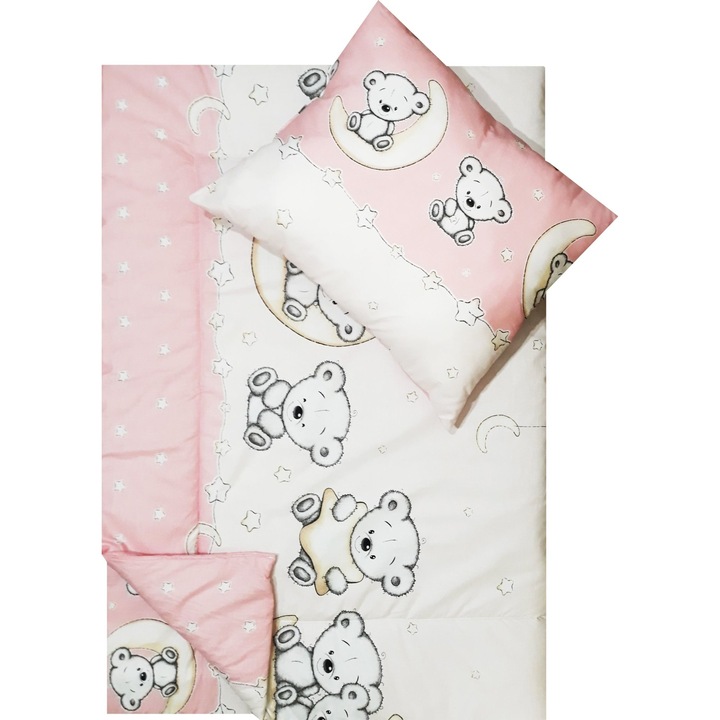 Fata de perna si plapuma din bumbac ursuletul pe semiluna roz 100x135cm, 40x50 cm