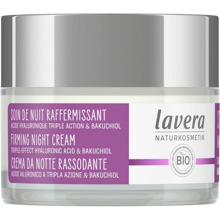 Crema Antirid de Noapte Lavera cu Acid Hialuronic si Bakuchiol cu Triplu Efect: Fermitate, Hidratare, Regenerare, 50ml. Reduce profunzimea ridurilor, netezeste pielea, stimuleaza regenerarea celulara si combate semnele vizibile ale imbatranirii. LAVERA