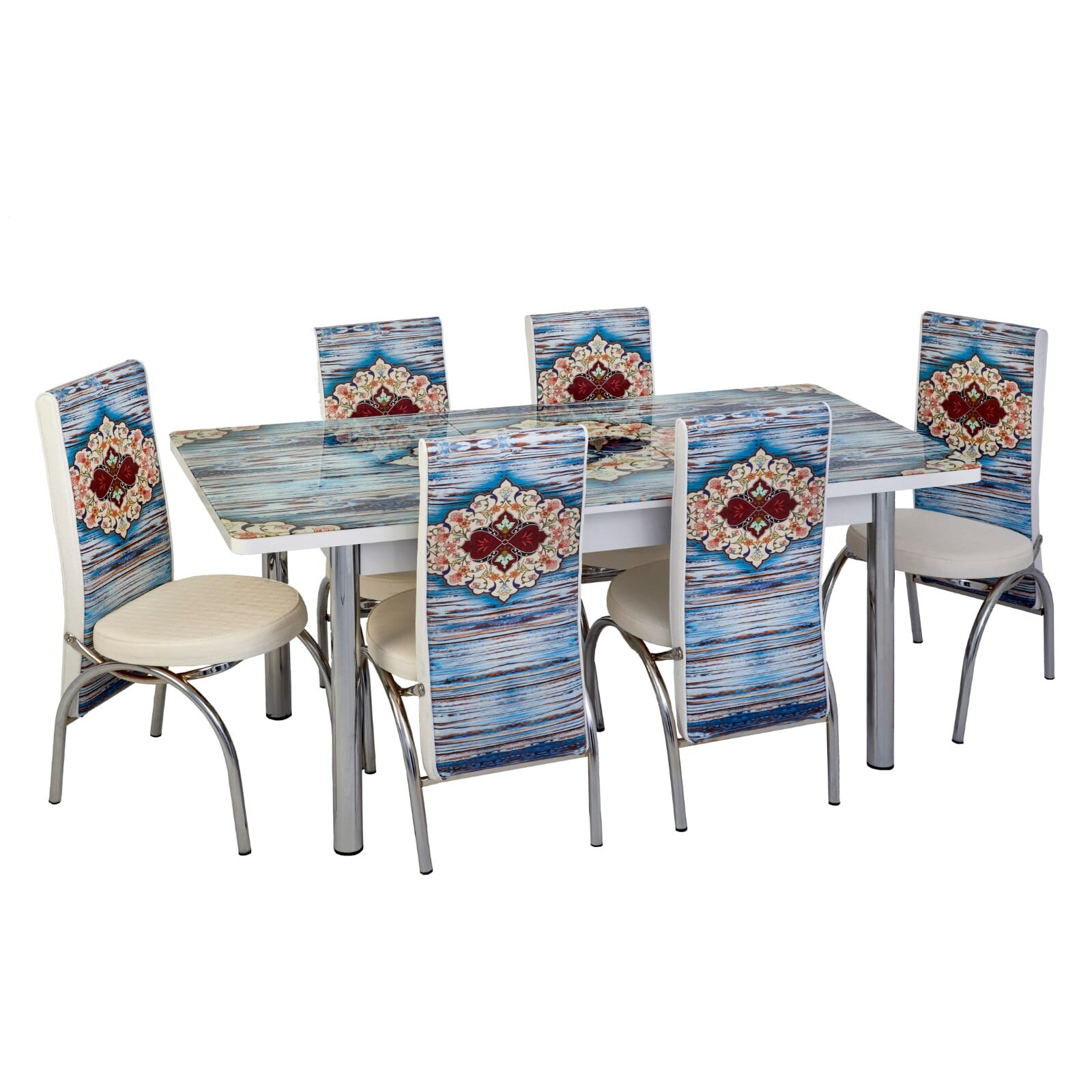 Set masa extensibila Aisha cu 6 scaune cu model imprimat