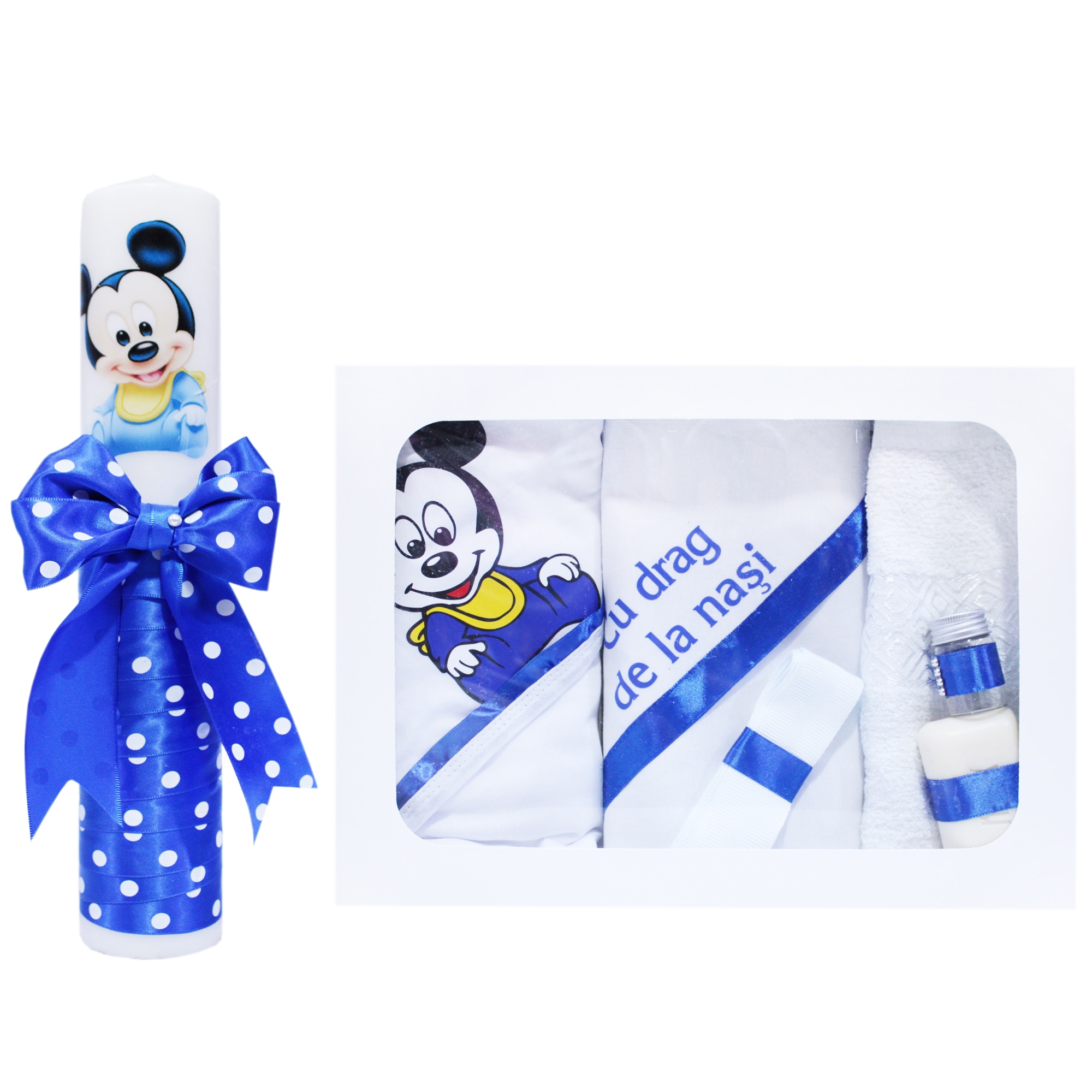 Set complet pentru botez, lumanare si trusou, alb-albastru electric, cu mesaj „Cu mult drag de la nasi”, Mickey Mouse, 7 piese, REC366