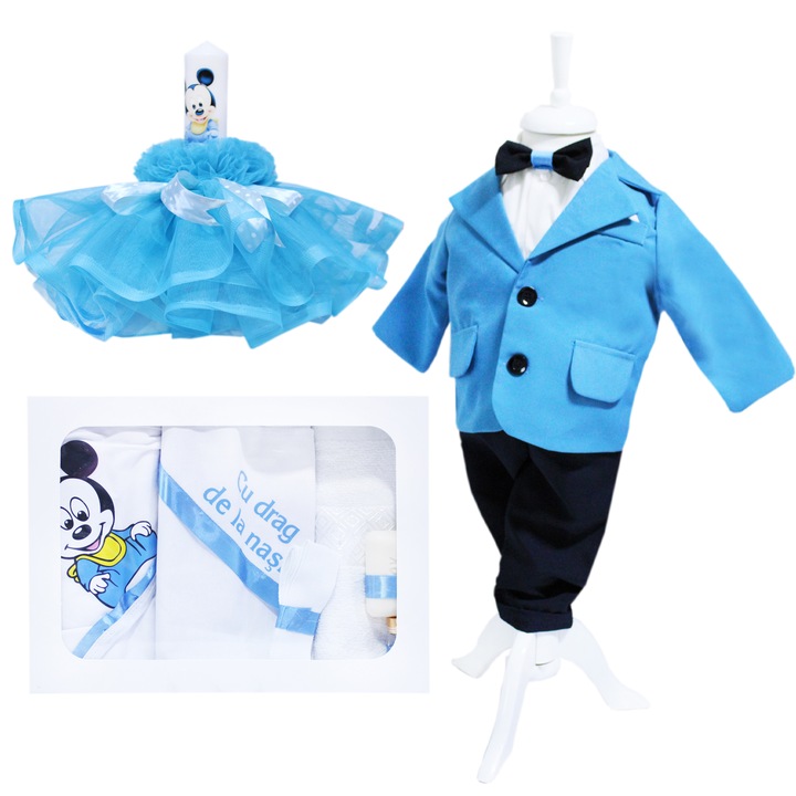 Set complet pentru botez, costum, lumanare si trusou imprimat cu Mickey Mouse si cu mesajul "Cu drag de la nasi", 12 piese, alb-turcoaz, REC392, 4-8 luni