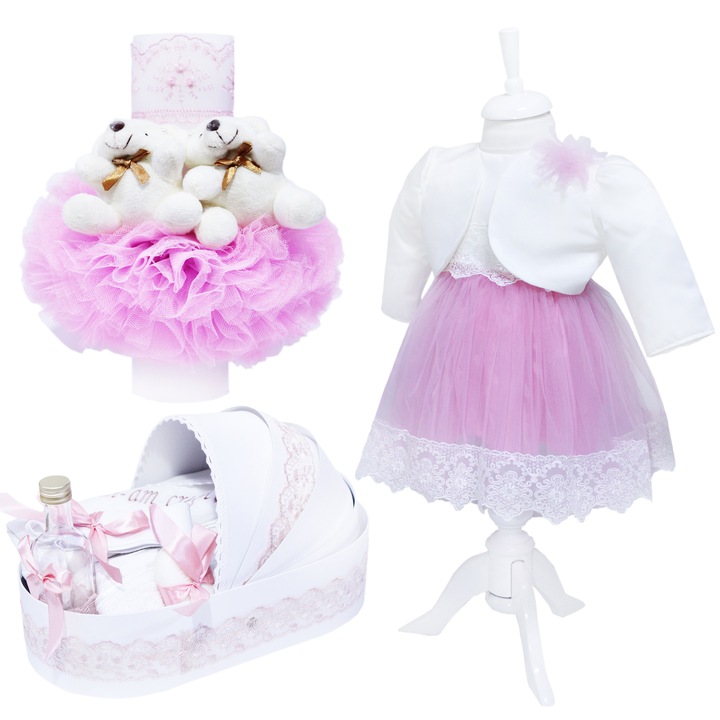 Set complet pentru botez, rochita cu volane, lumanare cu doi ursuleti, trusou tip landou brodat cu mesajul" Azi m-am crestinat", 10 piese, alb-roz, REC399, 1-4 luni