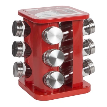Set 12 recipiente Sta,pentru contimente,tip turn,rosu,rotativ,metal inoxidabil Set 12 recipiente Sta,pentru contimente,tip turn,rosu,rotativ,metal inoxidabil