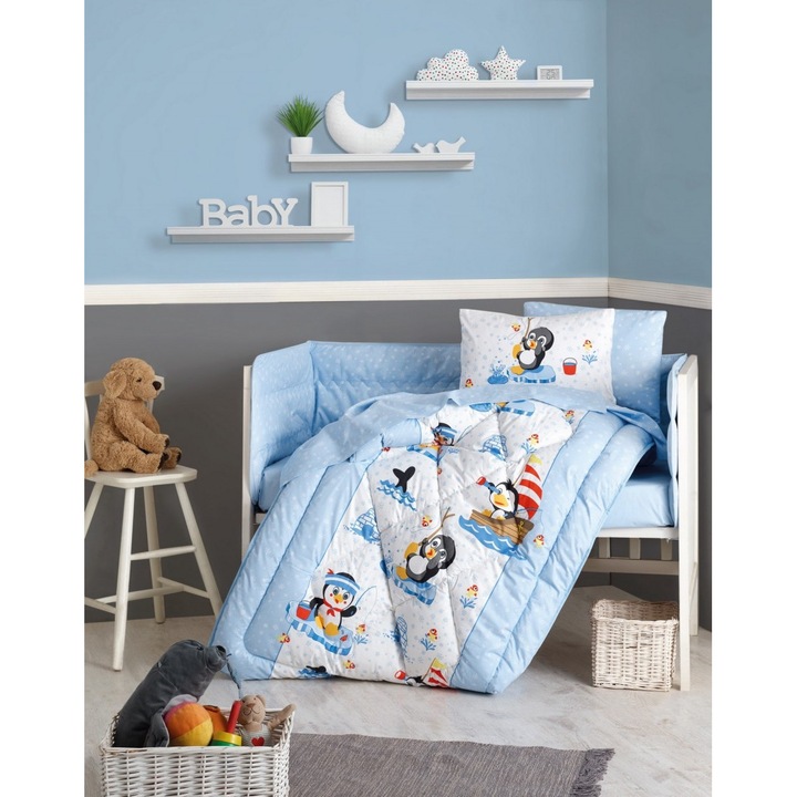 Set pentru bebelusi, bumbac 100% ranforce, 6 piese, Cotton Box, Pinguini