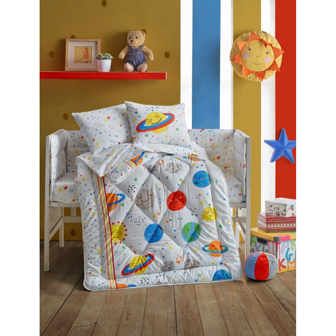 Set pentru bebelusi, bumbac 100% ranforce, 6 piese, Cotton Box, Planete