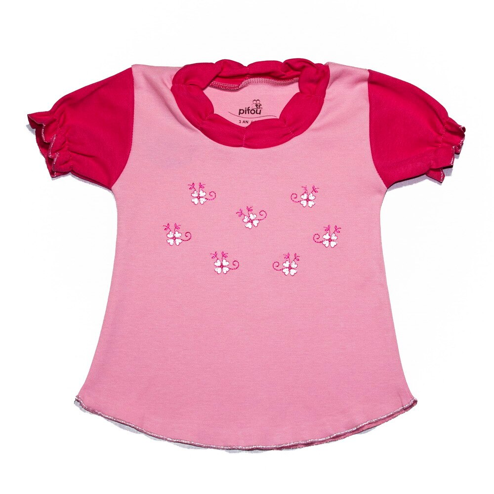 Tricou fetite Pifou, 1 an, flori, roz deschis-aprins