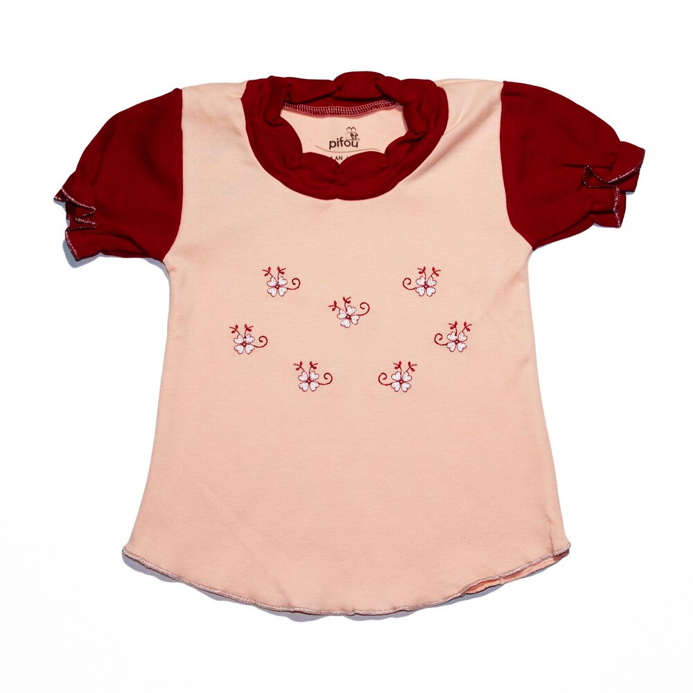 Tricou fetite Pifou, 1 an, flori, rosu-roz piersica